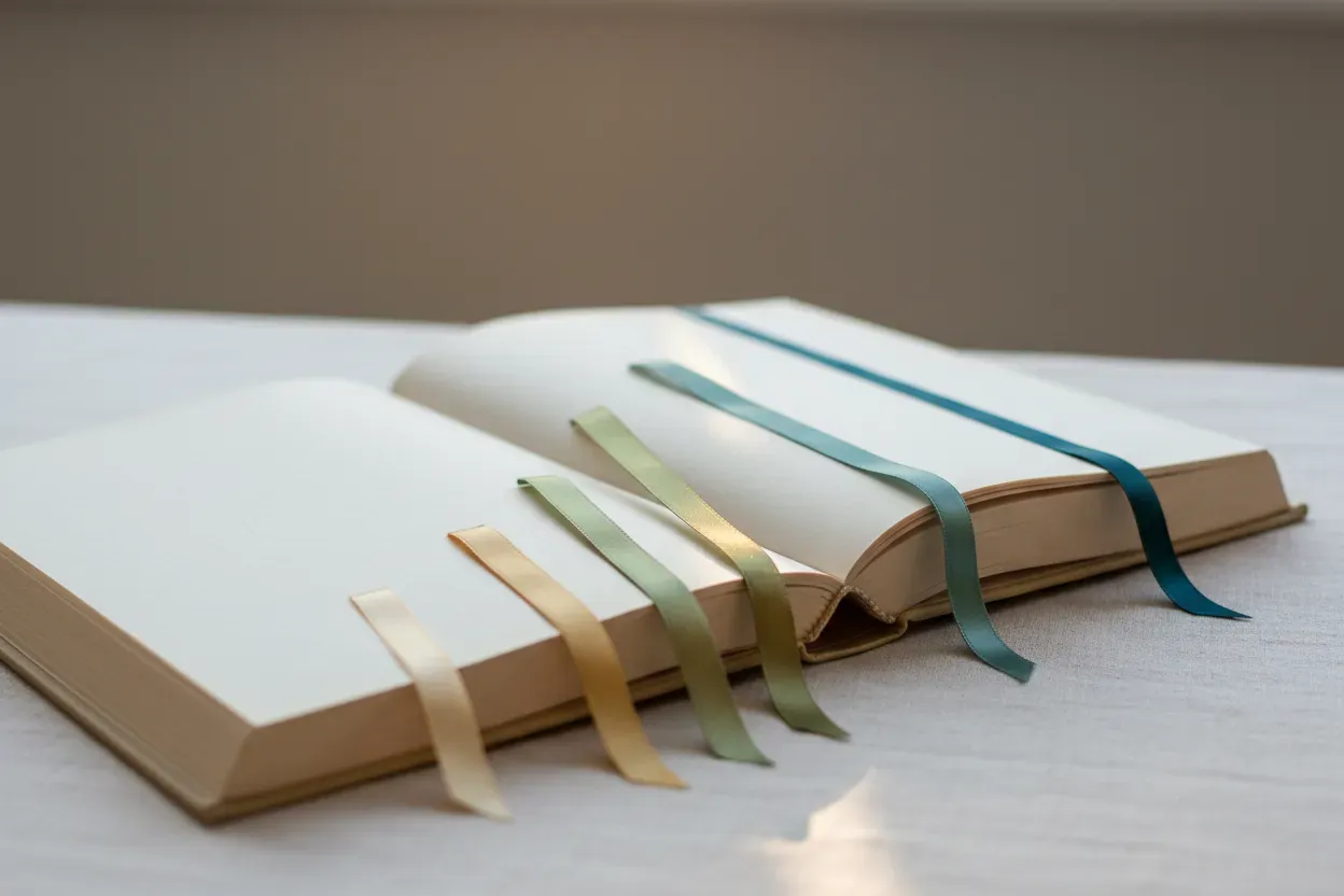 Open book with ribbon bookmarks at increasing depths, one highlighted to suggest the just-right reading challenge.