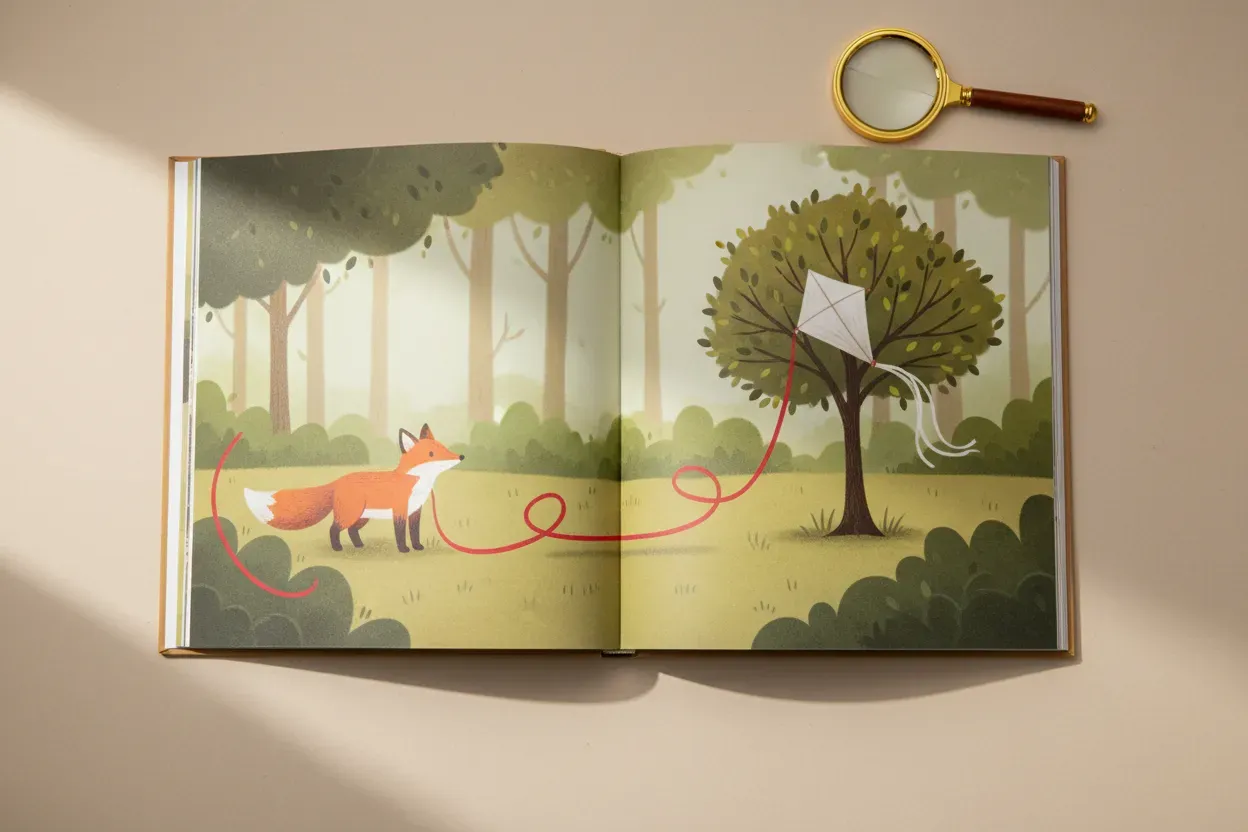 Open wordless picture book on neutral surface, fox follows red string to kite in tree; wooden magnifying glass nearby.