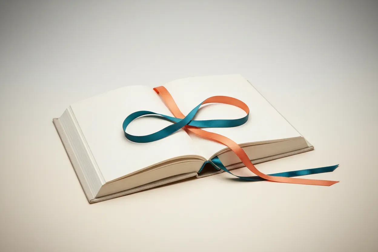 Open book with two intertwined bookmarks on a soft background, representing balanced bilingual reading.