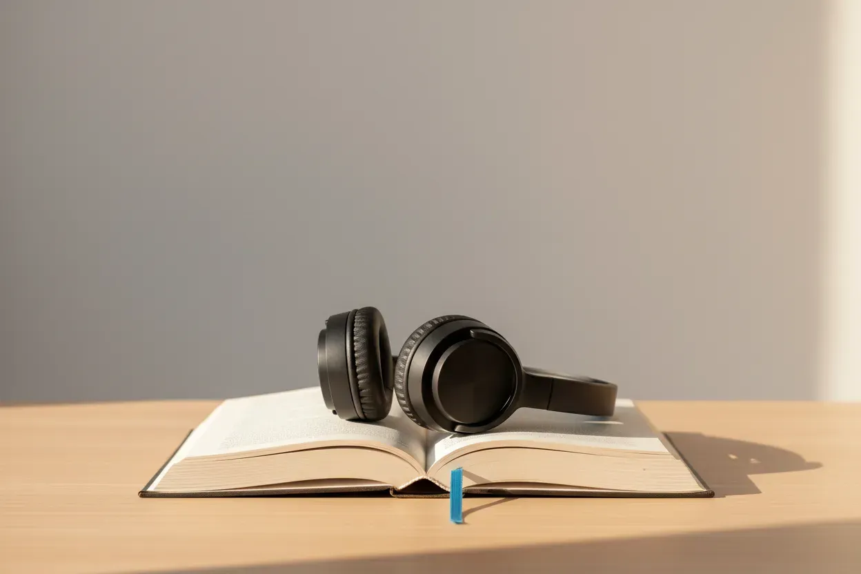 Open book with wireless headphones resting across its blank pages on a soft neutral desk, symbolizing the blend of audiobooks and reading.