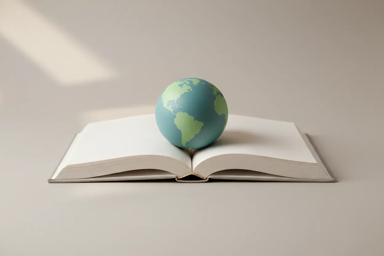 Open book cradling a small globe on a soft neutral background, symbolizing connecting stories to the real world.