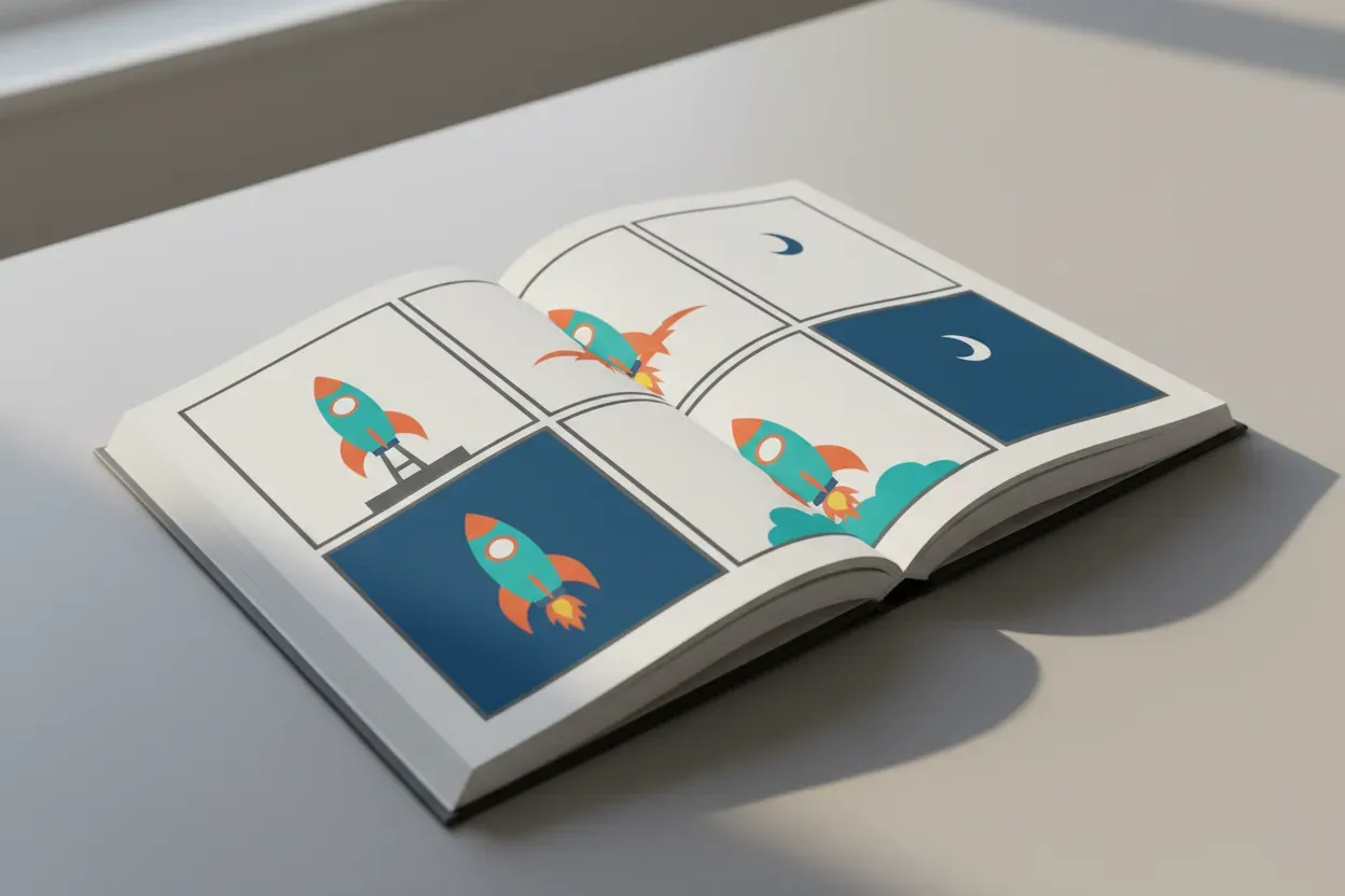 Open graphic novel on a neutral desk, showing clean wordless panels of a rocket’s journey under soft natural light.