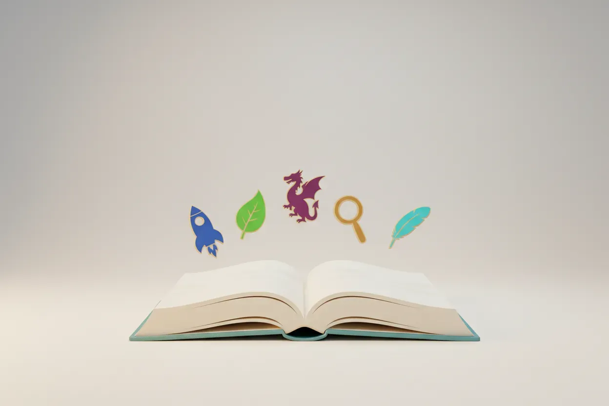 Open book on a neutral background with paper icons—rocket, dragon, leaf, magnifying glass, quill—rising from the pages.