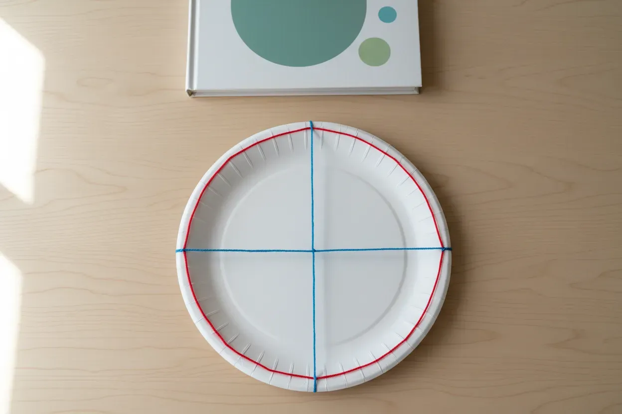 Round white plate with red string around edge and blue string across center; children’s storybook with circle art softly blurred behind.