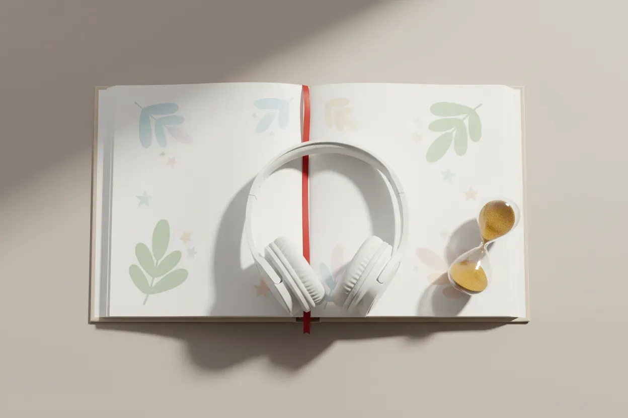 Open children’s book with headphones and a small hourglass on a neutral background, symbolizing a balanced audiobook-and-reading routine.
