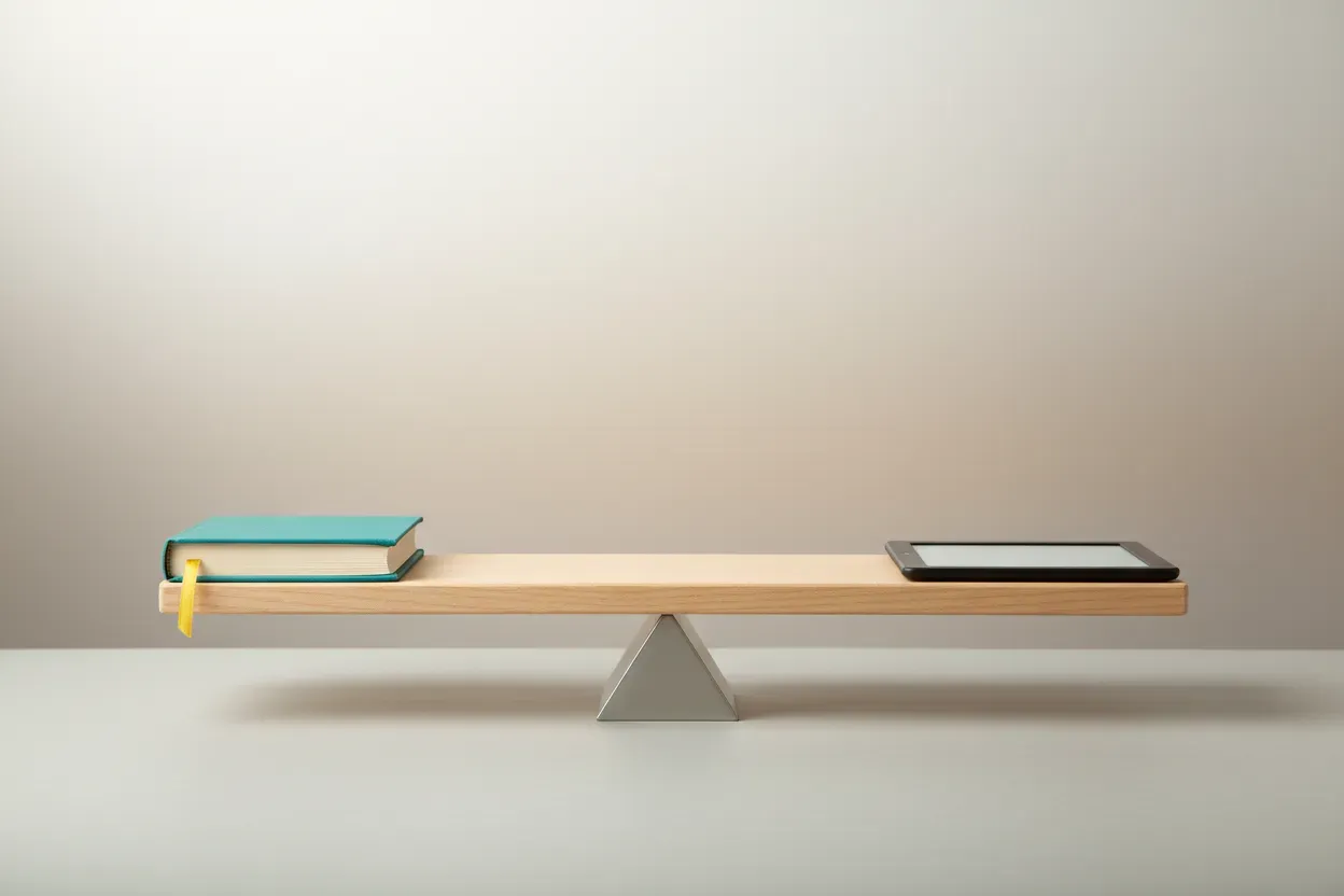 Minimal seesaw balancing a teal children’s book and a tablet on a soft neutral background.