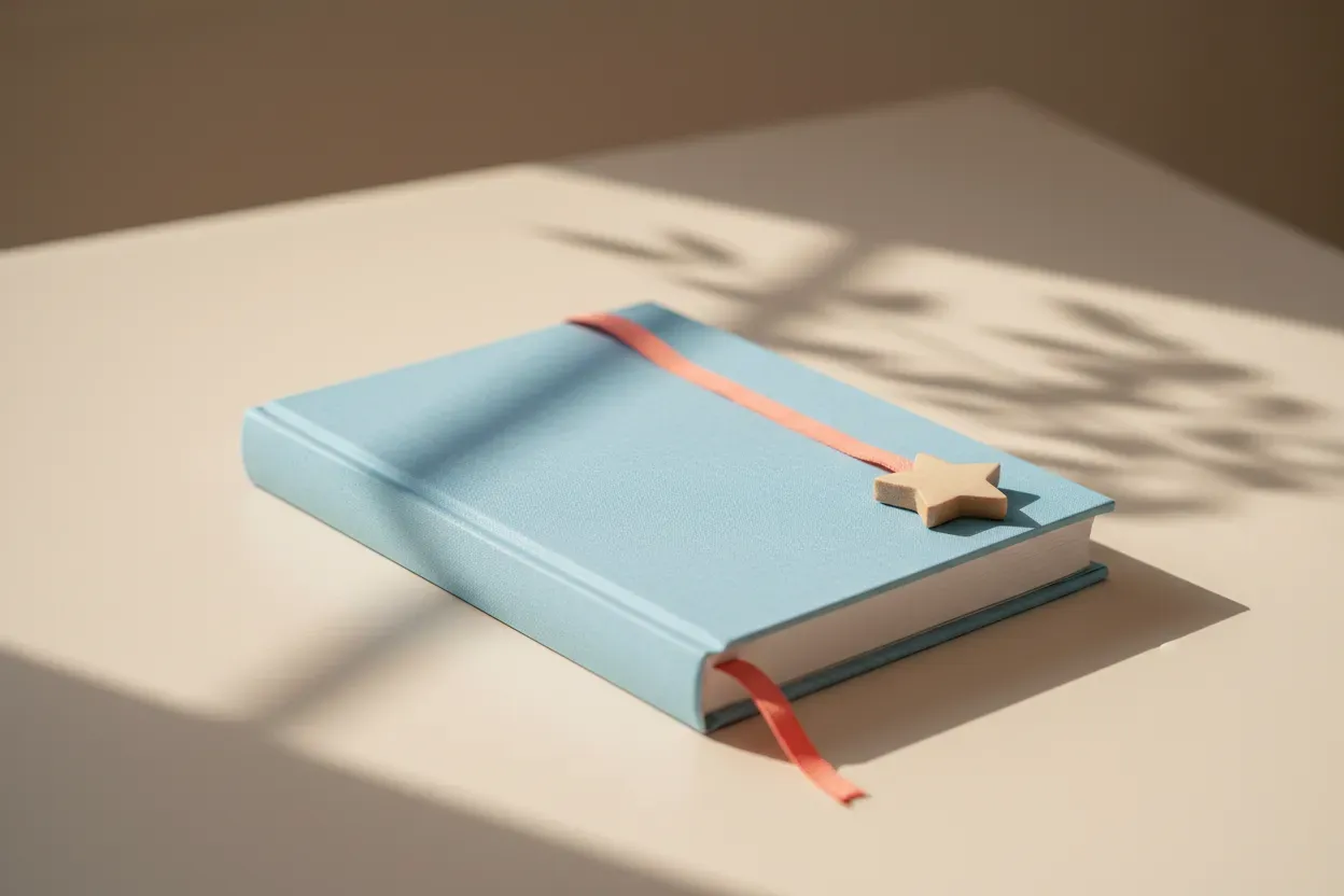 Closed children’s book with a star-shaped bookmark on a sunlit neutral desk.