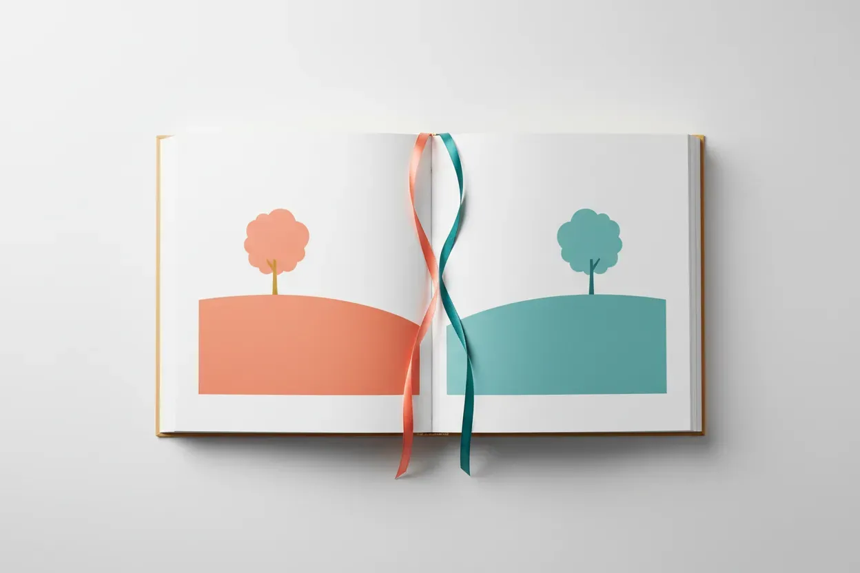 Open picture book with mirrored warm and cool illustrations and two interlaced bookmarks on a soft neutral background, symbolizing bilingual reading.