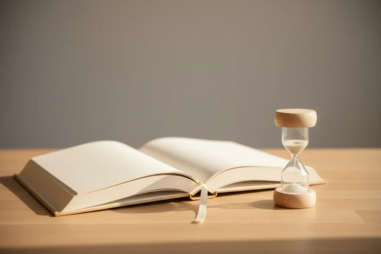 Open book with an hourglass on a soft, neutral background, symbolizing a gentle timed reading routine.