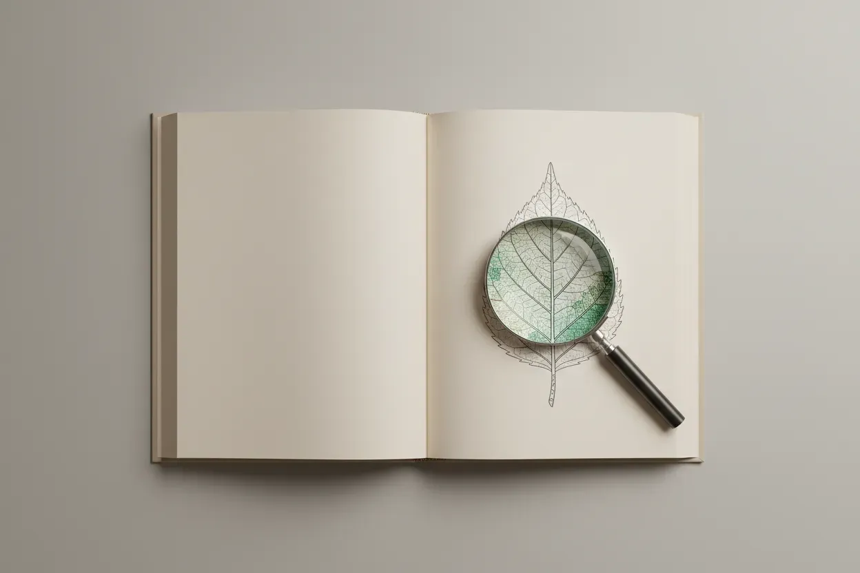 Open book with a magnifying glass highlighting vibrant detail in a simple leaf diagram on a soft neutral background.