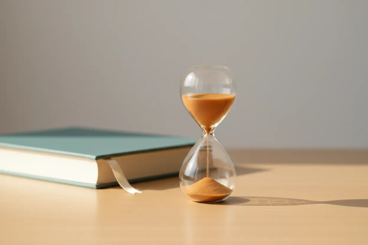 Amber-sand hourglass on a light wood desk, with a closed book and ribbon bookmark softly blurred in the background.