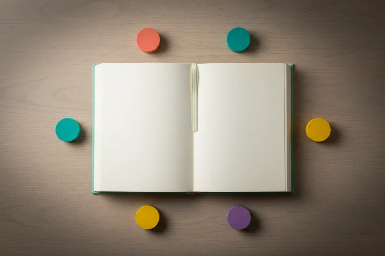 Open book with four colorful blank role tokens around it on a soft neutral background, symbolizing a kid-led book club.