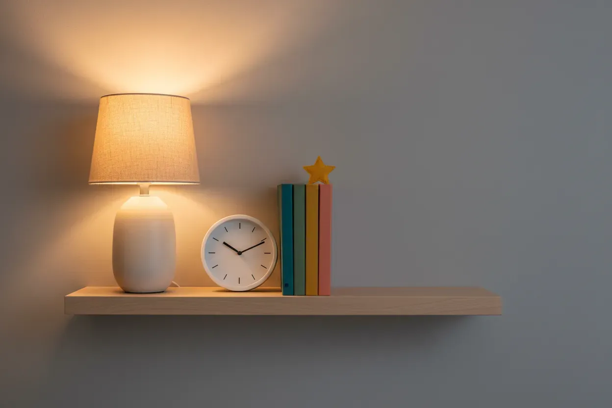 Warm lamp illuminates children’s books beside a minimalist clock showing 7:00 on a wooden shelf against a soft neutral background.