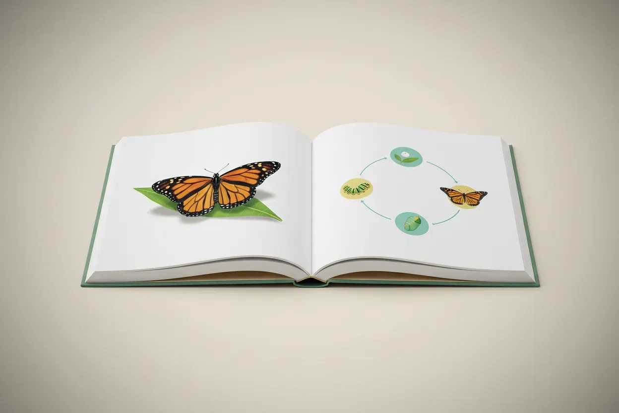 Open children’s nonfiction book showing a lifelike monarch butterfly and a simple four-step life cycle diagram on a soft background.