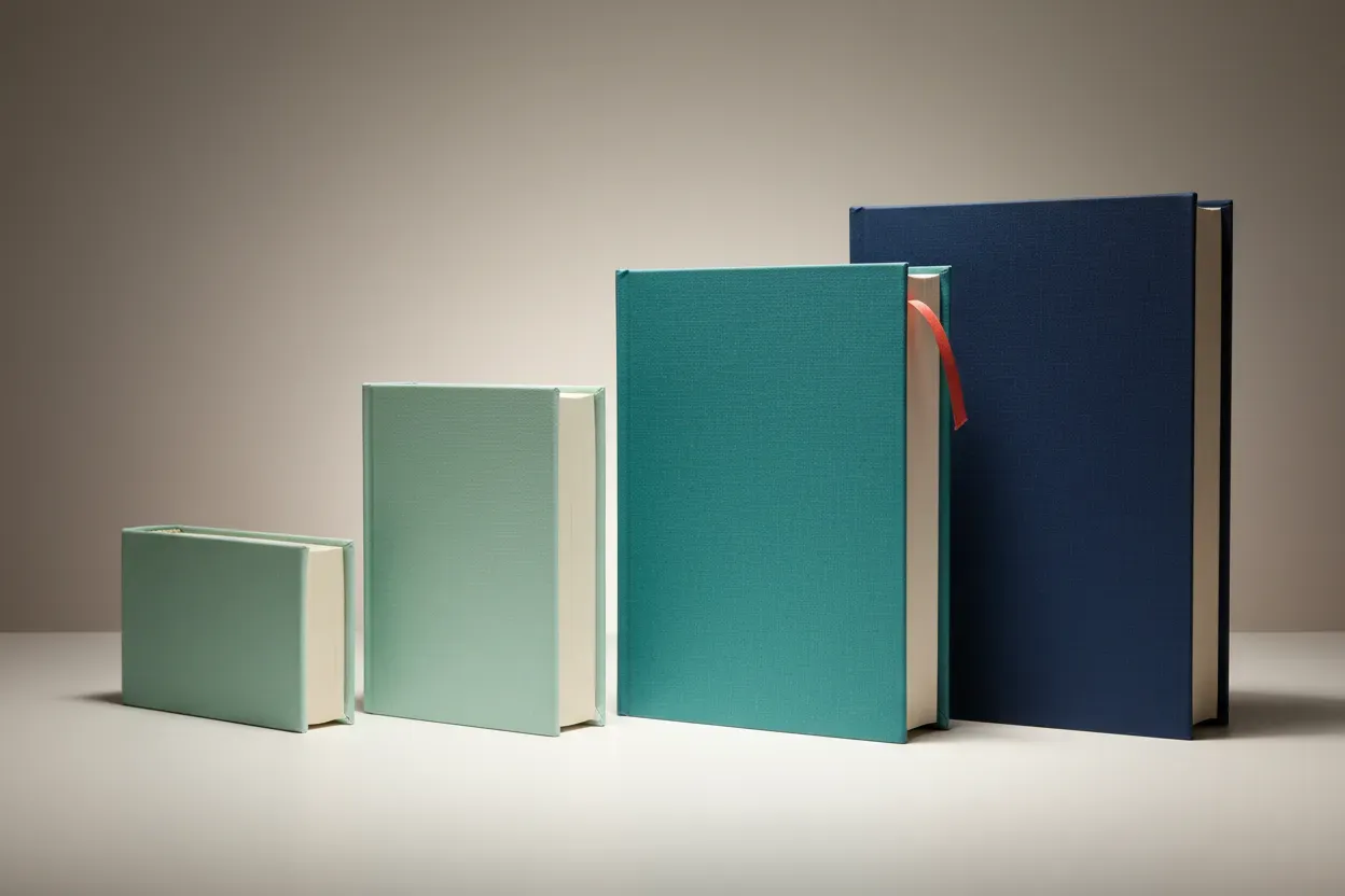 Three blank-spined books in ascending sizes; the middle book marked with a ribbon, highlighted under soft light.