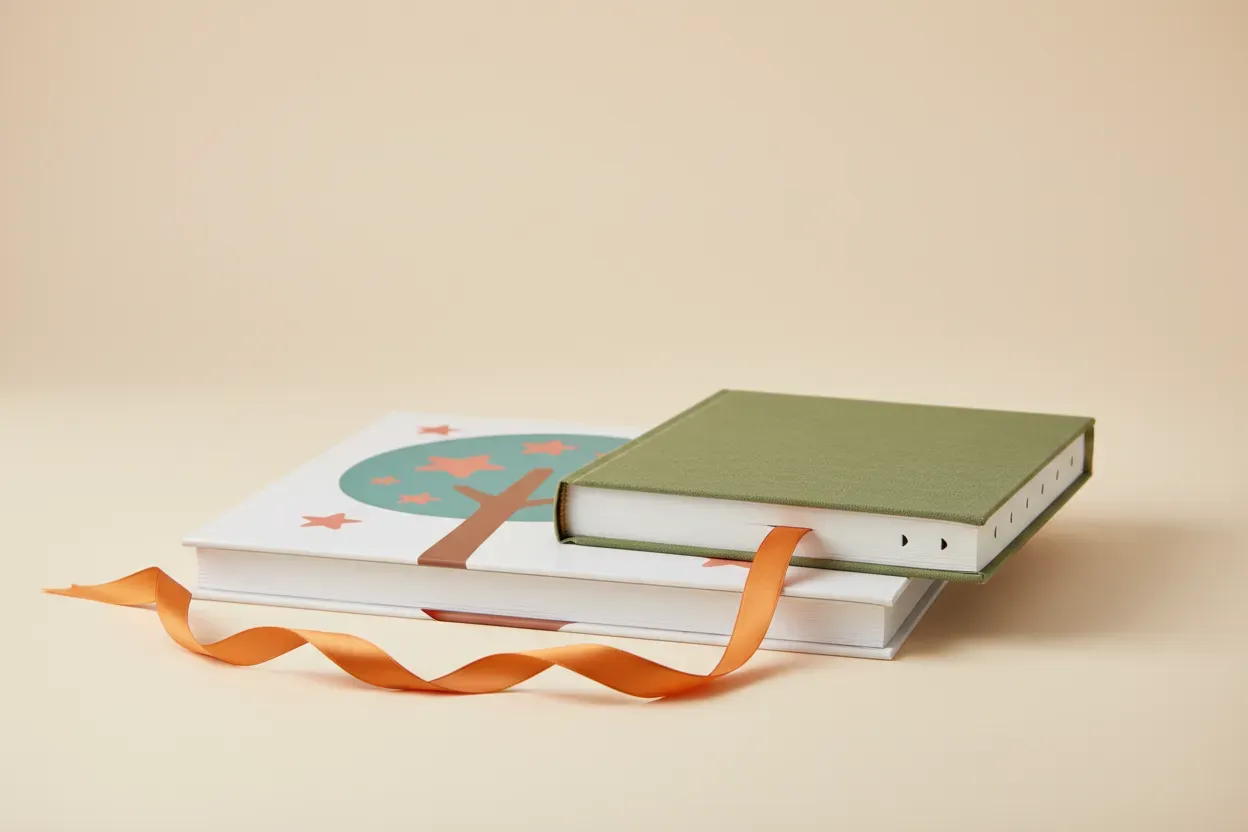 Two-book stack forming a step, linked by a flowing ribbon—picture book below, slim chapter book above on a soft neutral background.