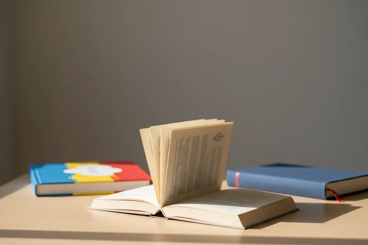 A slim bridge book in focus between a blurred picture book and a chapter book on a neutral tabletop, symbolizing the step to early chapters.
