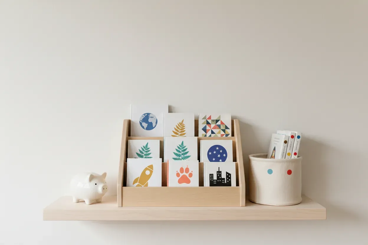 Minimal wooden kids’ book caddy with a small rotation bin and piggy bank on a soft background; curated, clutter-free home library idea.