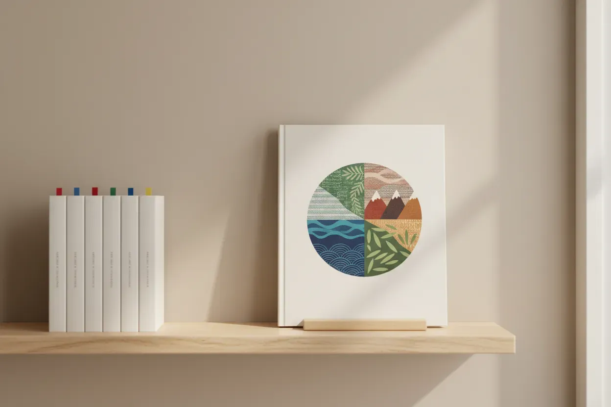Children’s book on wooden stand with a patterned circle cover; nearby books show colored ribbon tabs on a soft neutral background.