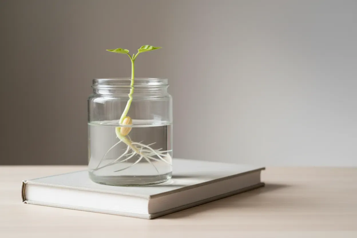 A single bean sprout in a clear jar of water, centered on a soft background, resting on a closed, textless picture book.