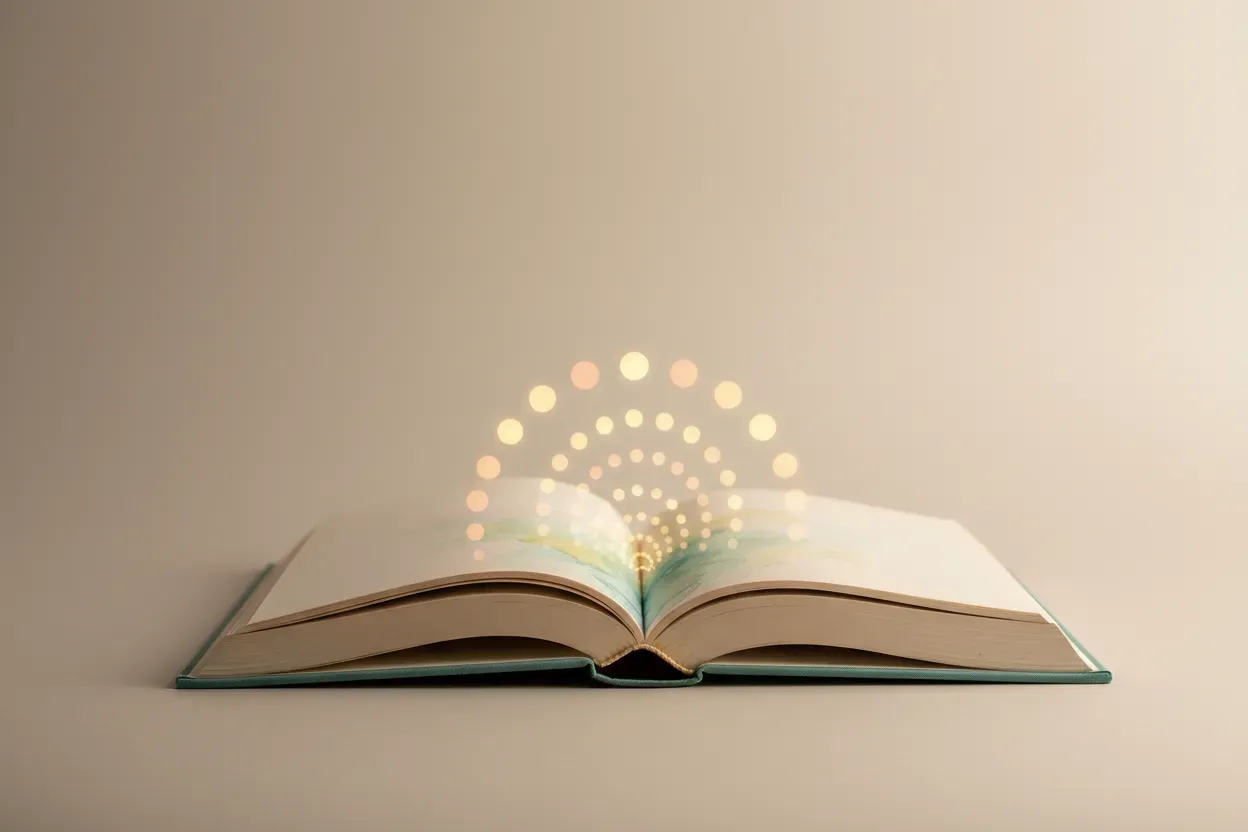 Open picture book on light desk; a soft glowing arc of evenly spaced dots rises from the pages against a neutral background.