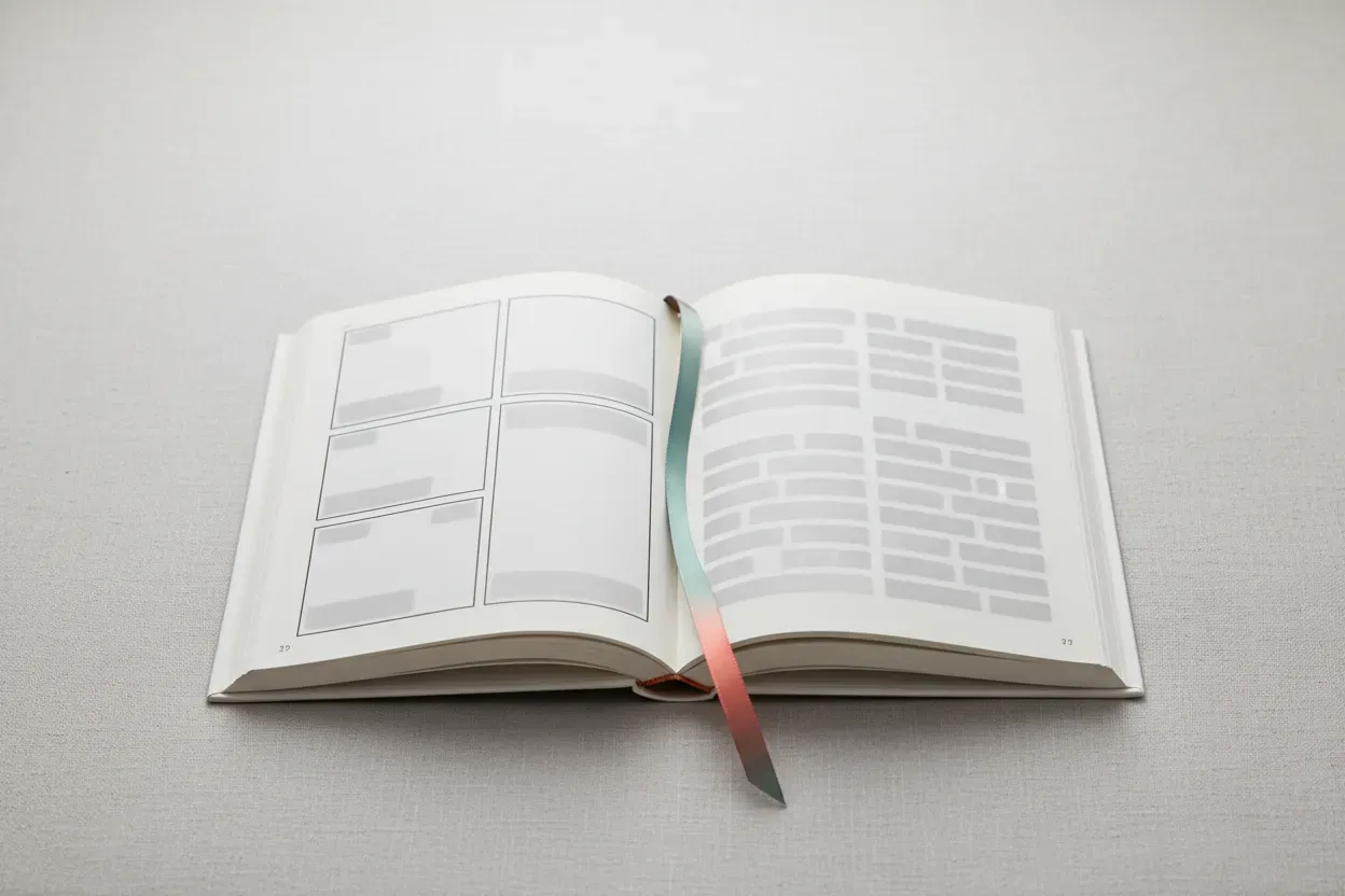 Open book: comic panels on left, prose-style blocks on right, linked by a ribbon bookmark on a neutral background.