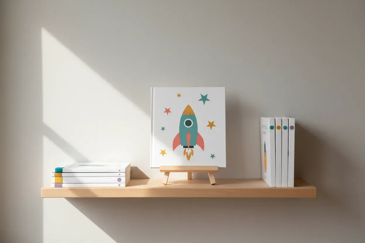 Face-out children’s book on wooden easel with color-coded spines on a low shelf, soft neutral background.