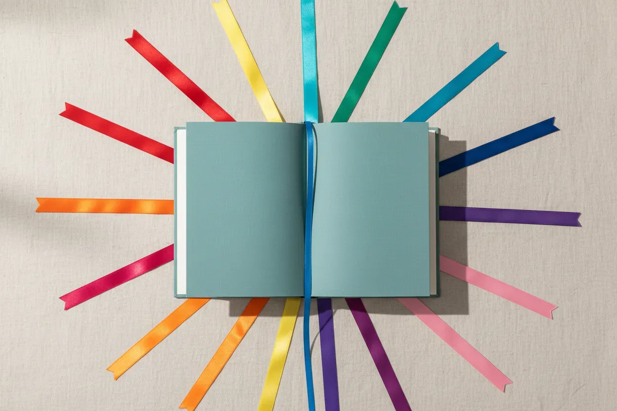Open book with rainbow ribbon bookmarks radiating evenly on a soft neutral background.