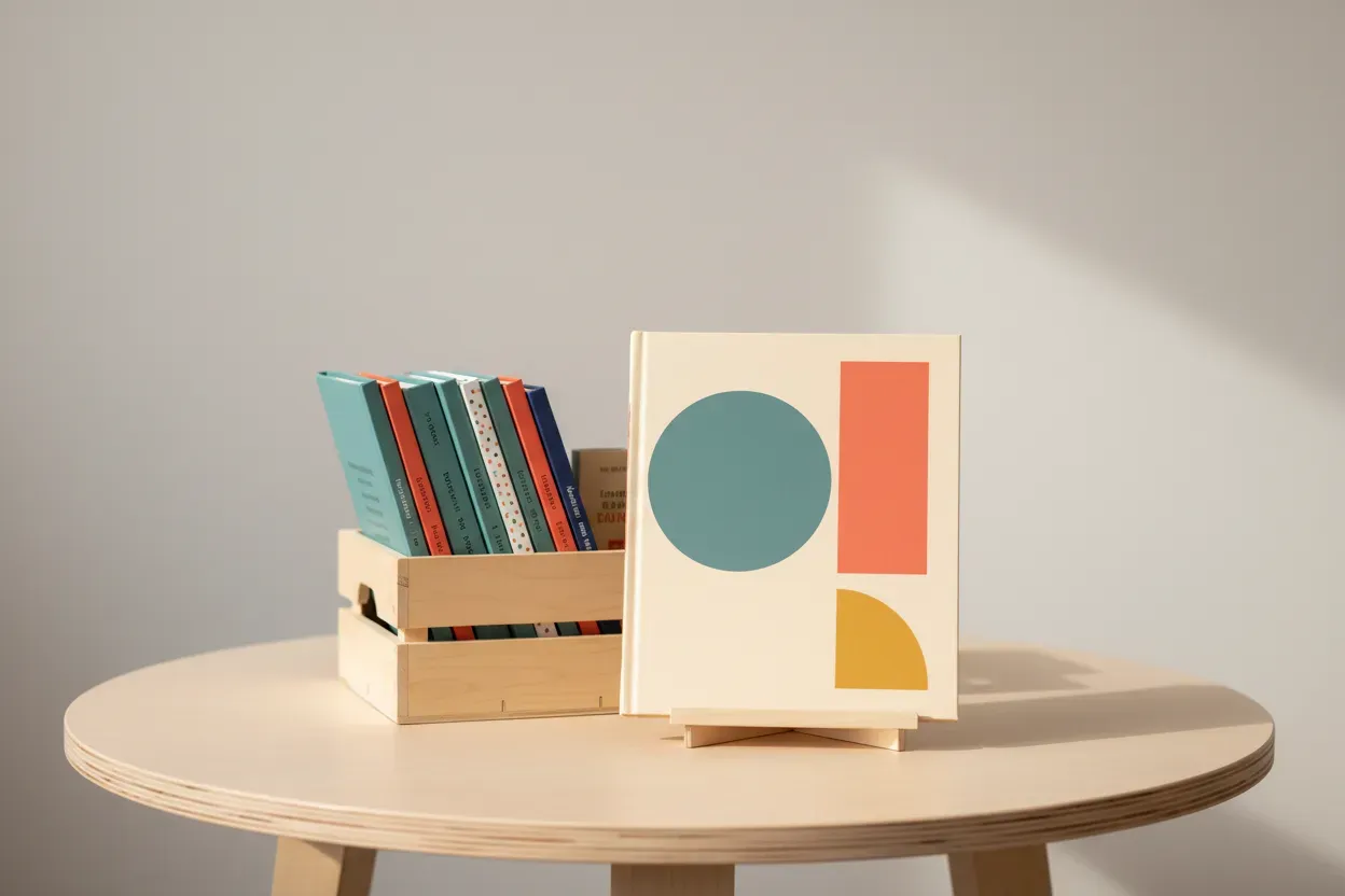 Front-facing children’s book on a stand with a small crate of colorful books behind on a light wood table, against a soft neutral wall.