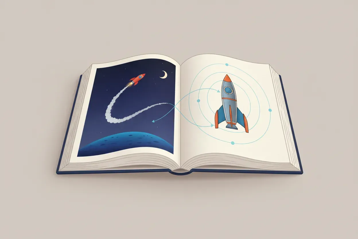 Open book with a story rocket scene blending into a clean rocket diagram on a neutral background.