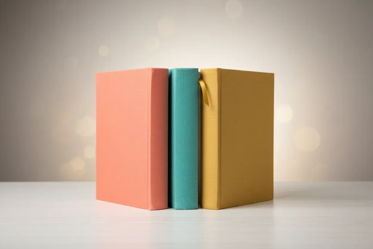 Three colorful children’s books on a clean shelf; the middle book shows a small ribbon, against a soft neutral background.