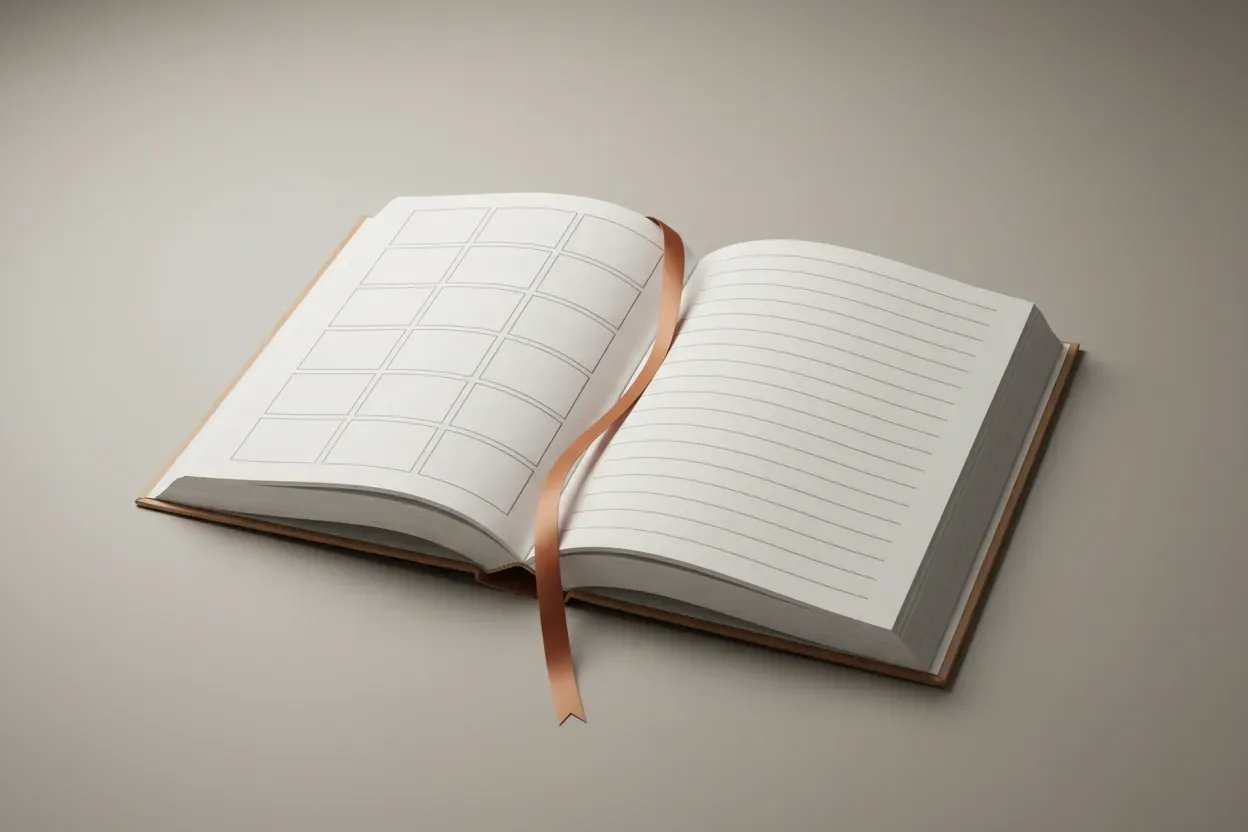 Open book with blank comic panels on one page and prose-like lines on the other, joined by a ribbon bookmark on a soft neutral background.