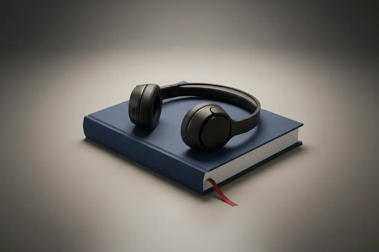 Matte-black headphones draped over a closed hardcover book on a soft gray background, evoking a mature read-aloud session.