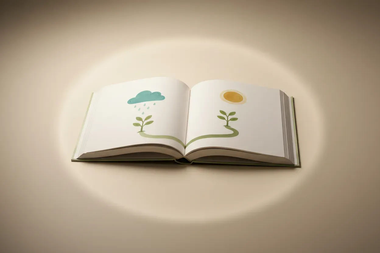 Open picture book on neutral background with rain-to-sun path illustration, encircled by a soft protective glow.