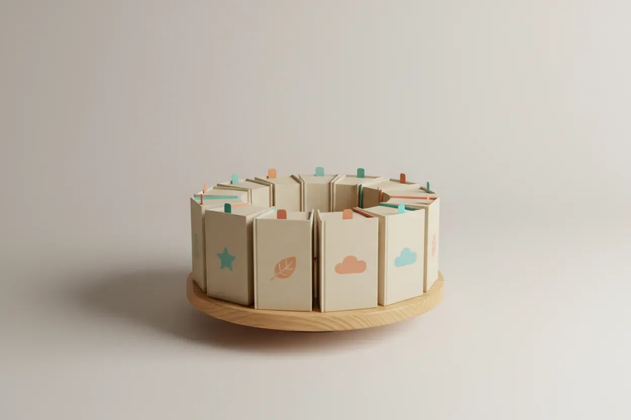Rotating wooden tray with a tidy ring of colorful children’s books and color tabs on a soft neutral background.