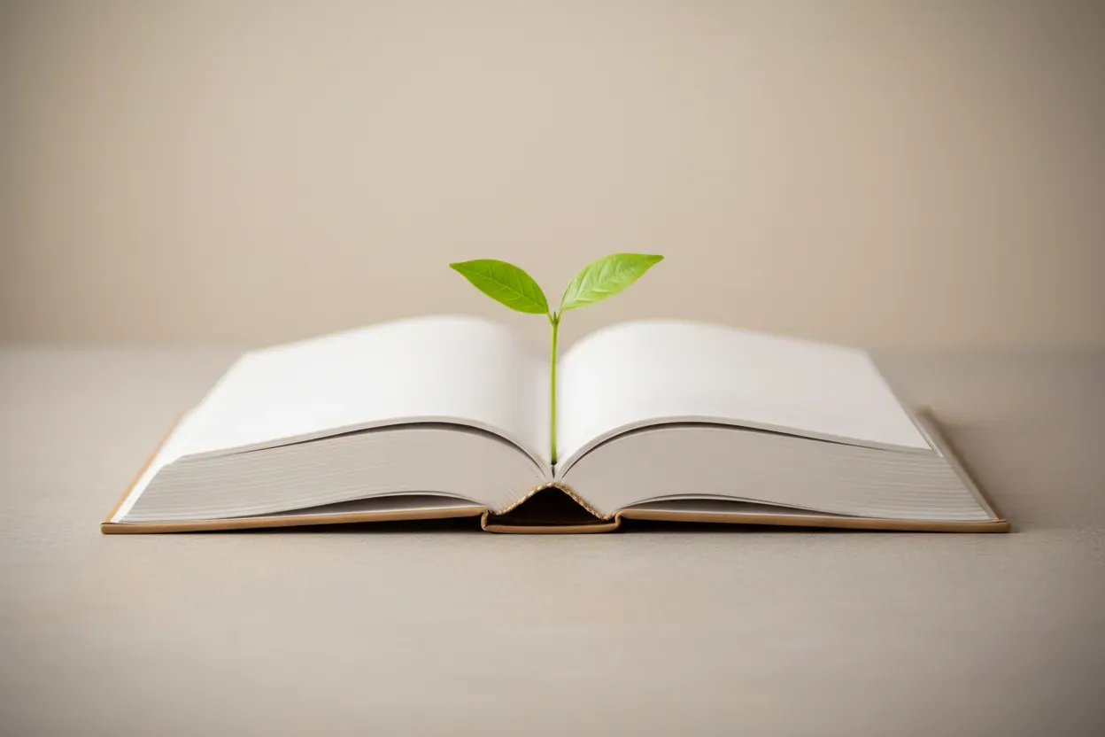 A small green sprout growing from the center of an open blank book on a soft neutral background.