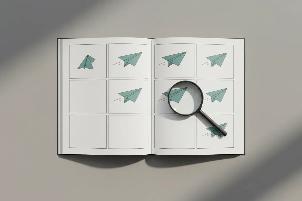 Open comic spread with a paper airplane across panels, magnifying glass highlighting one frame on a soft neutral surface.