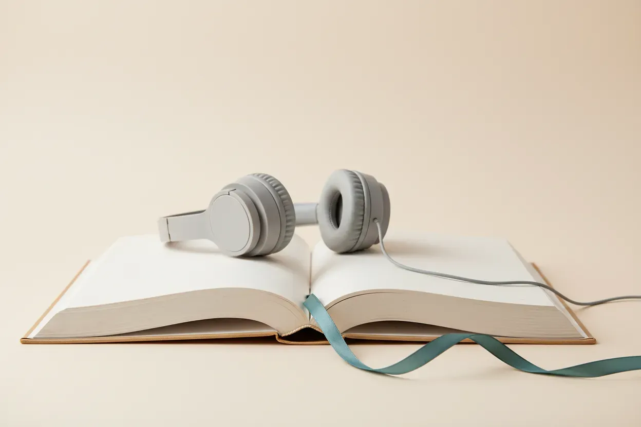 Open book with over‑ear headphones and a ribbon bookmark on a soft background, illustrating the bridge from listening to independent reading.