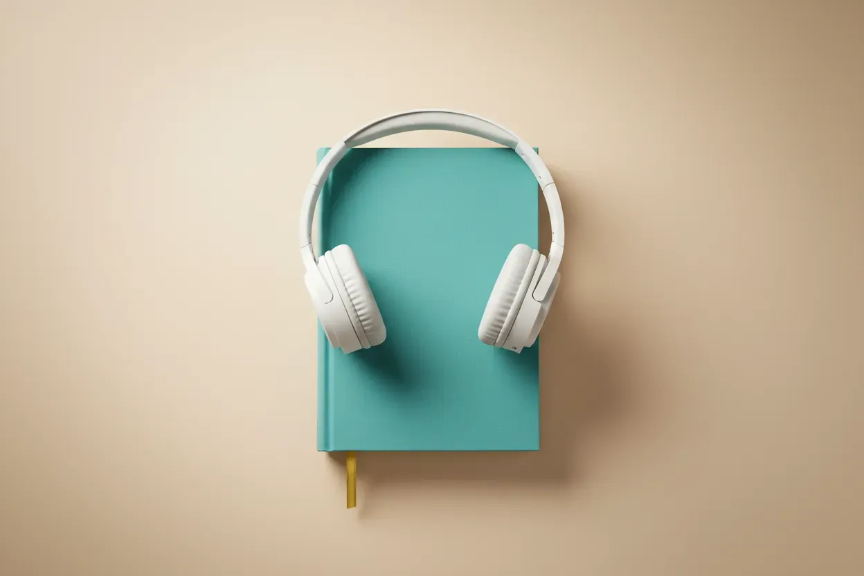Teal hardcover book with white over-ear headphones wrapped around it on a soft beige background.
