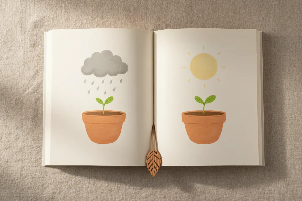 Open picture book shows a plant growing from rain to sun, with a leaf-shaped bookmark on a soft neutral linen background.