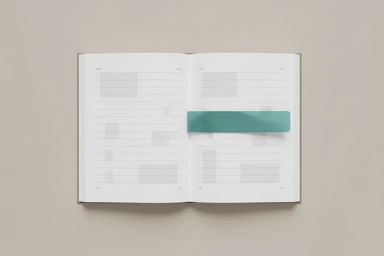 Open book with a translucent reading guide strip highlighting a single line on a soft, neutral background.