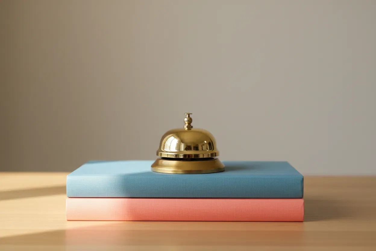 Brass desk bell on two hardcover children’s books on a light wooden table against a soft, neutral background.