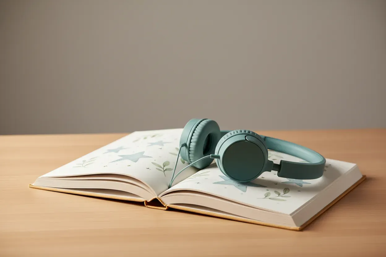 Open children’s book with unbranded headphones resting across the pages on a light wooden desk, soft neutral background.