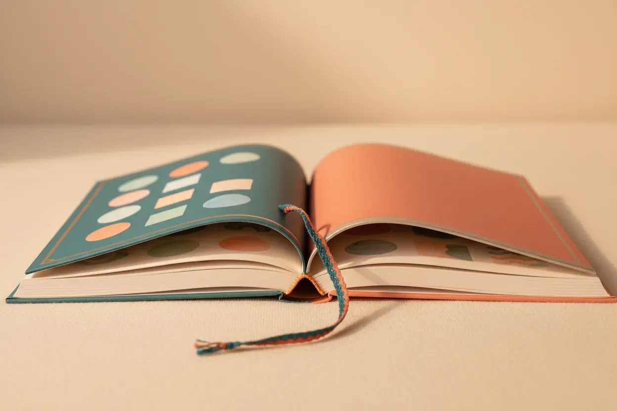 Two colorful children’s books connected by a woven bookmark, symbolizing bilingual reading and language connection.