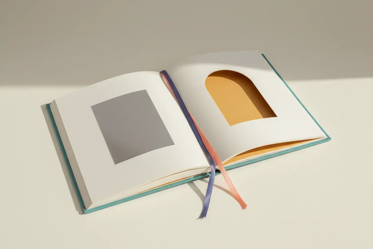 Open picture book with reflective left page and arched window cutout on right, on a soft neutral background.