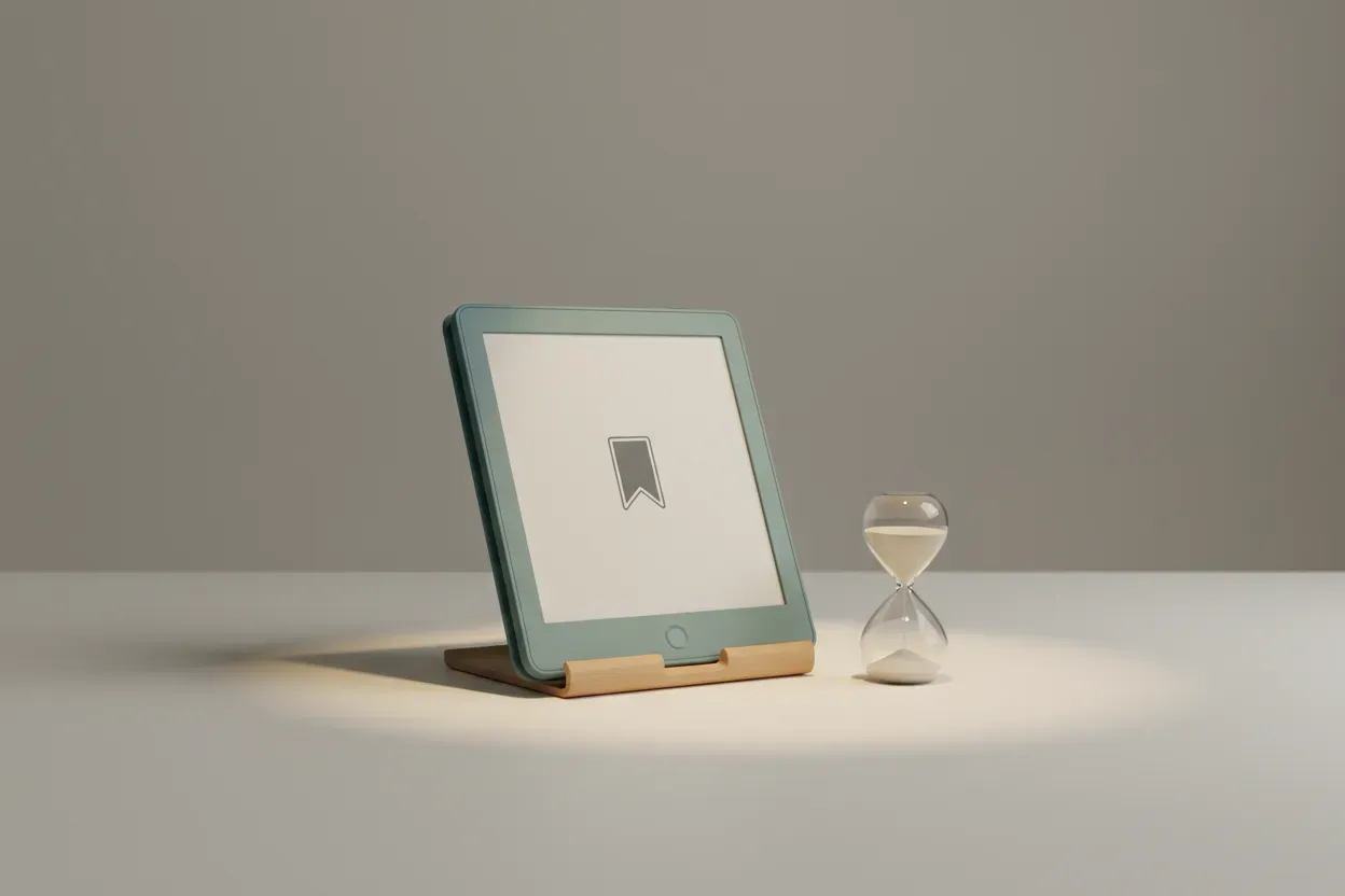 Tablet on a wooden stand beside a small hourglass, lit by a soft halo on a neutral desk, symbolizing focused, calm digital reading.