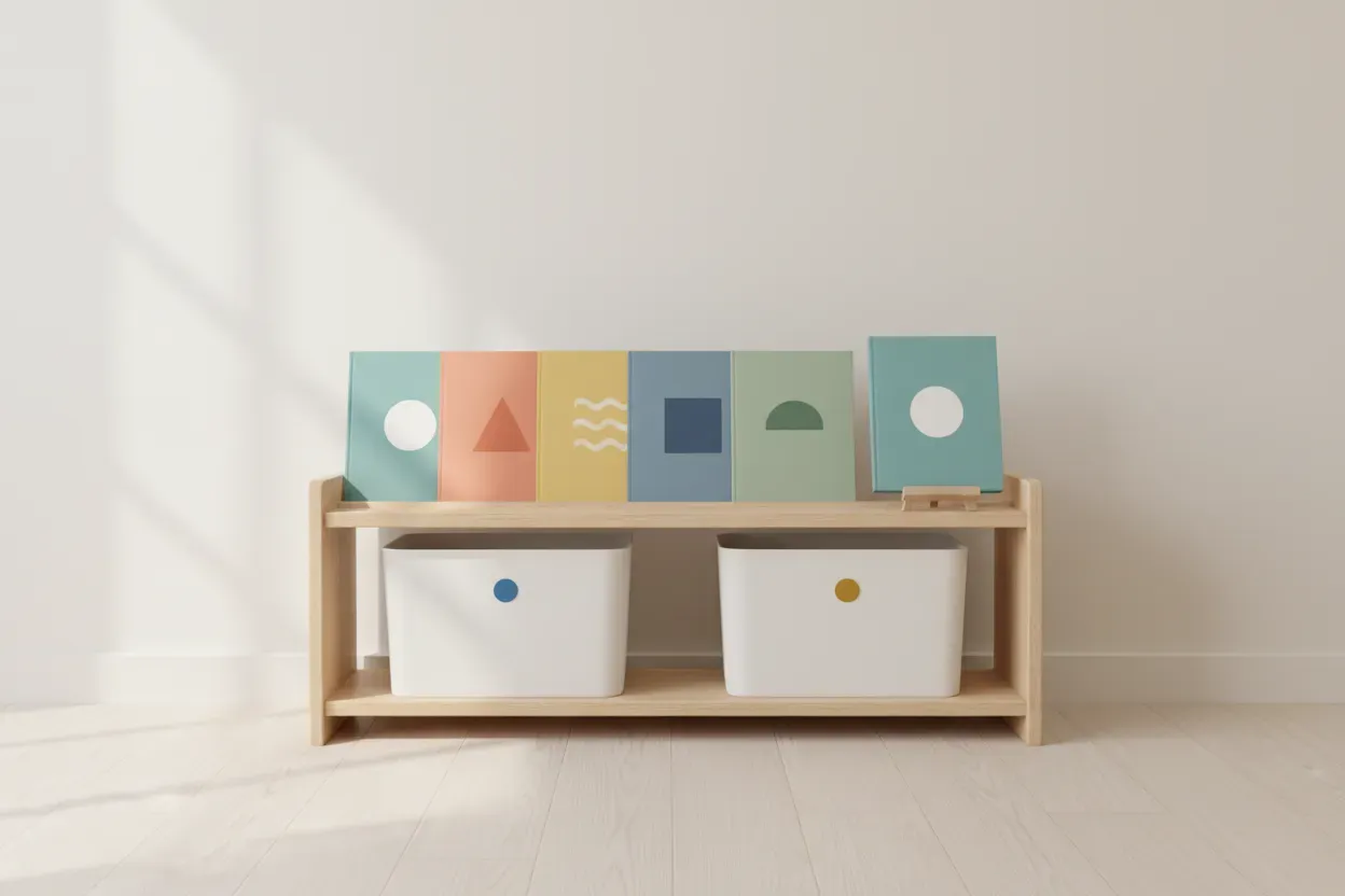 Minimal wooden shelf with face-out kids’ books and two color-coded bins on a soft white wall, highlighting a simple rotation display.