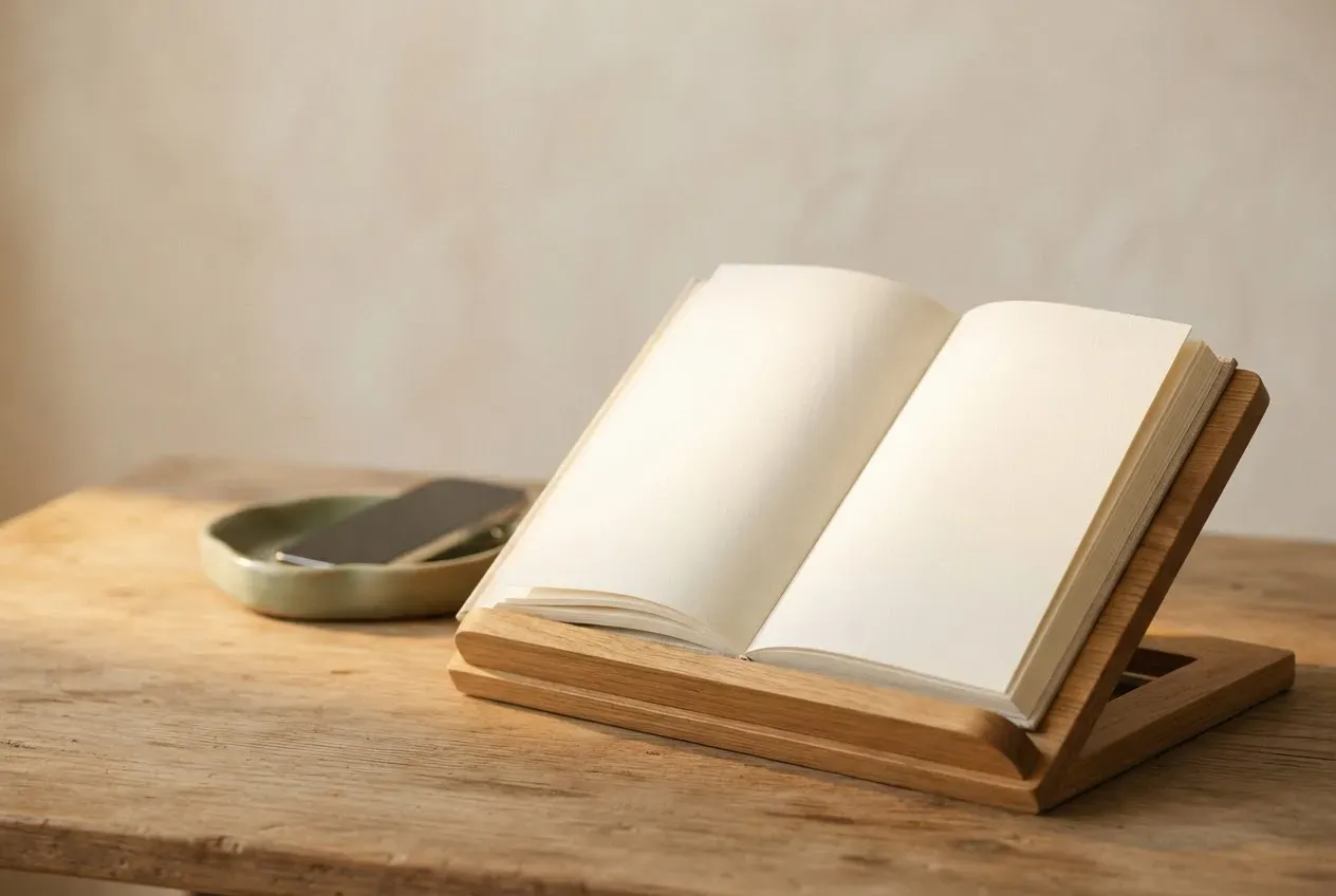Open book in warm light beside a face-down phone in a small tray, symbolizing a screen-free reading ritual.