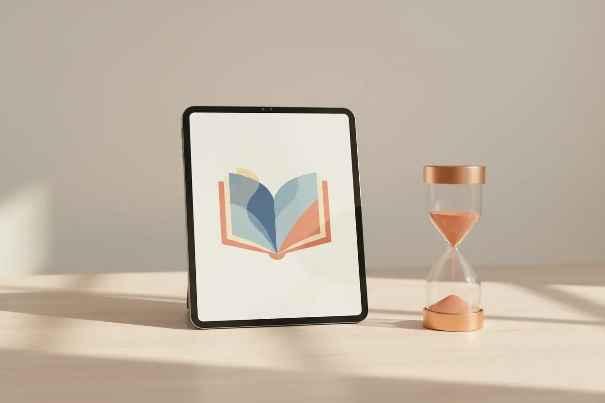 Tablet displaying a colorful open book beside a sand timer, symbolizing calm, focused digital reading routines.