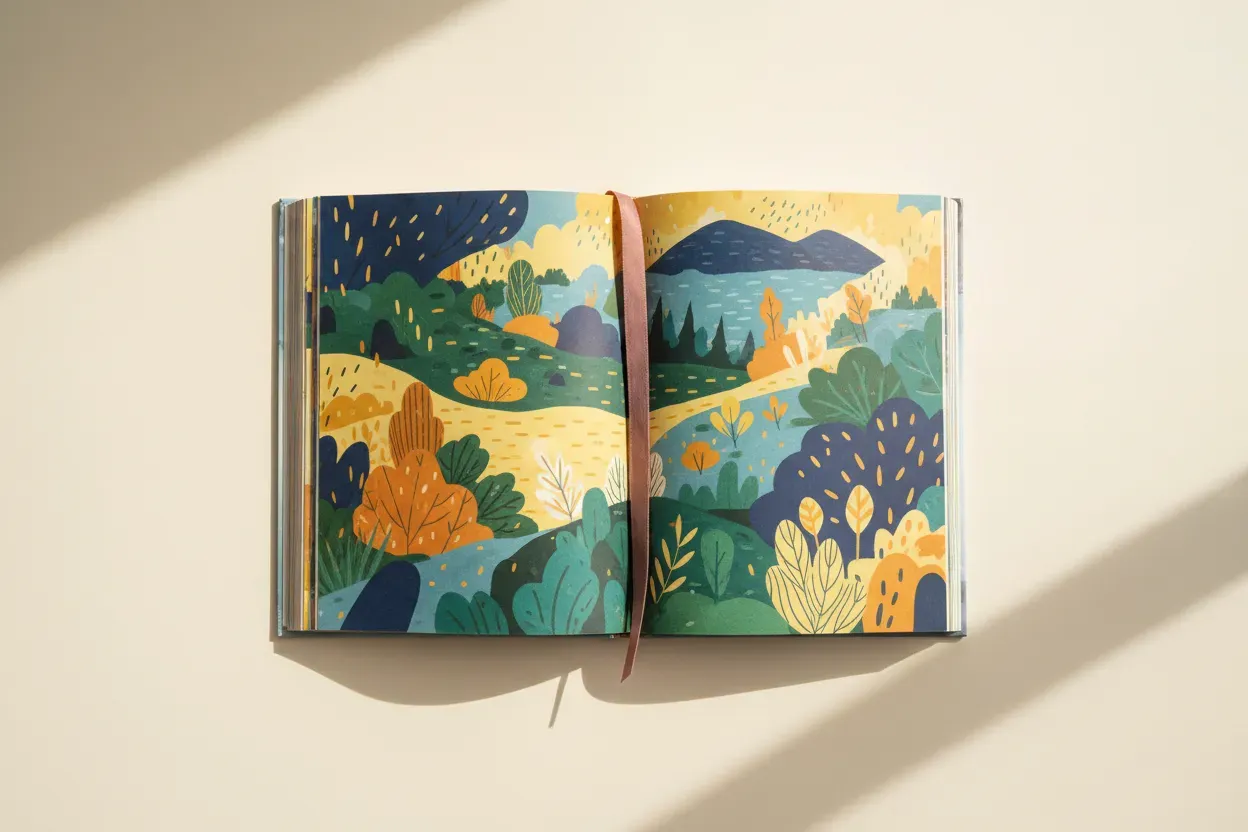 Open illustrated children’s book with a bookmark midway through the pages, symbolizing choice and reading stamina.